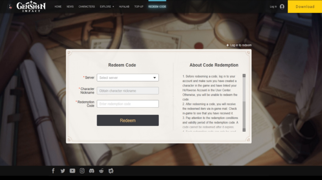 Genshin Impact Official Website for code redemption