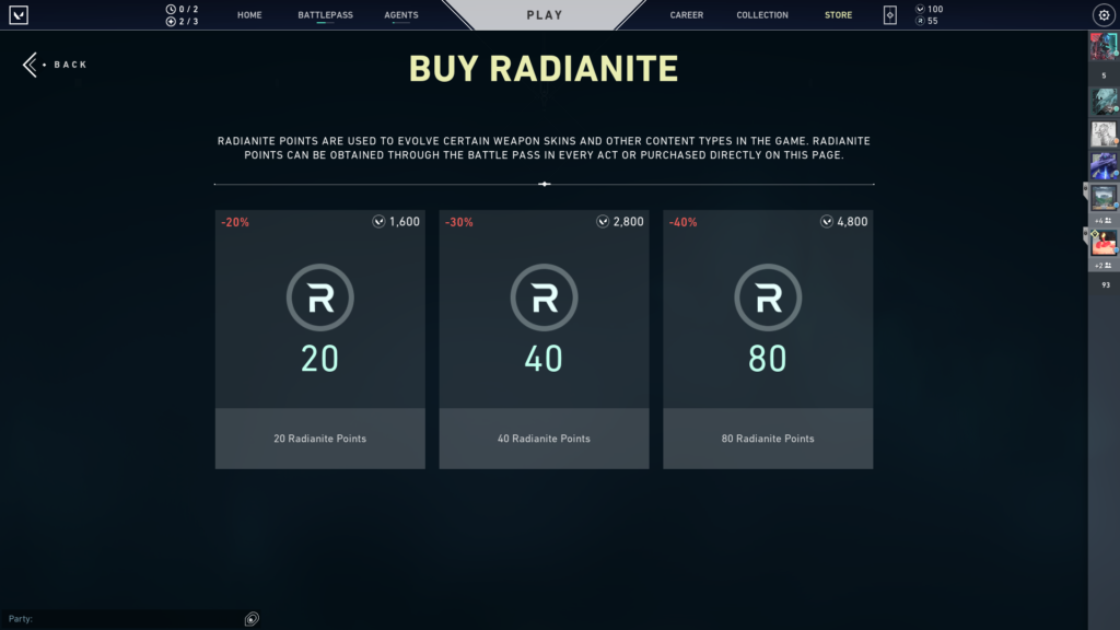 Buying Radianite Points from the shop